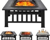 Heavy Duty 3 in 1 Metal Square Patio Firepit Table BBQ Garden Stove with Spark Screen Cover Log Grate and Poker for Outside Wood Burning and Drink 9017008804302