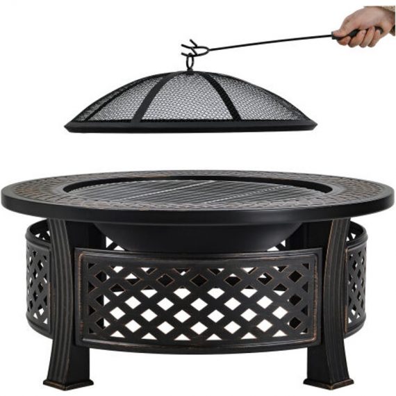 81 cm Outdoor fire pit with big round fire bowl, garden patio heater, BBQ grill, natural rusted metal brazier with poker, cooking grid 9017008804623 9017008804623