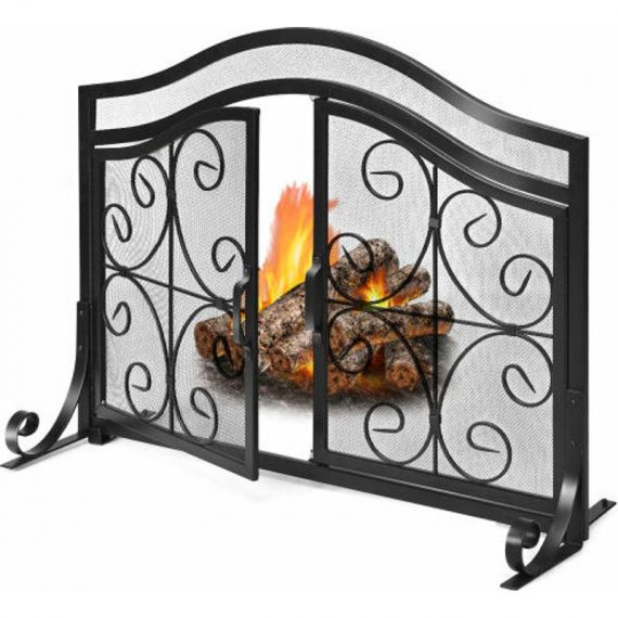 Gymax - Fireplace Screen Hinged w/Two-doors Large Flat Guard Iron Mesh HW61476