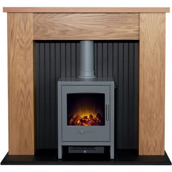 New England Stove Fireplace in Oak & Black with Bergen Electric Stove in Grey, 48 Inch - Adam 5056126237306 23730