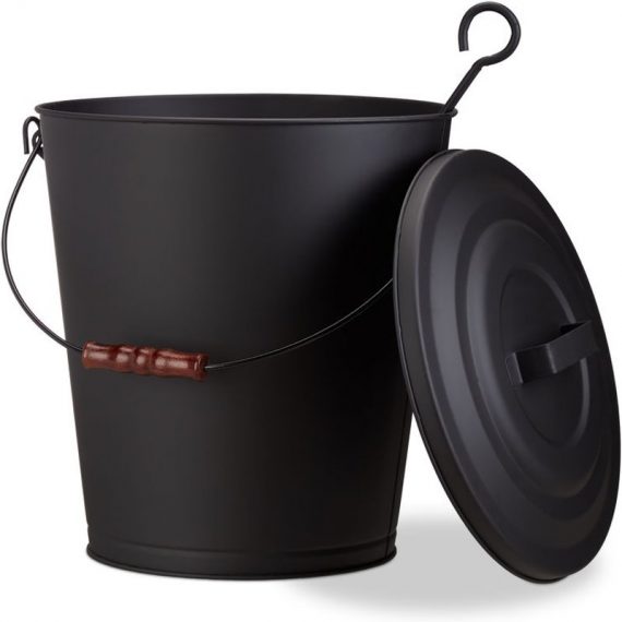 Ash Bucket with Lid, Steel 24 l Charcoal Bin, With Wooden Handle, Black - Relaxdays 4052025223052 10022305_0_GB