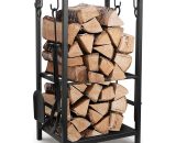 Firewood Rack with 4 Tools ,Black Iron Firewood Shelf ,Firewood Log Holder with Poker, Broom, Shovel & Tongs Indoor/Outdoor Loadable up to 642380956135 642380956135