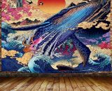 Japanese Whale Decoration Tapestry for Men, Sun The Great Wave Trippy Anime Small Tapestry Wall Hanging for Bedroom, Ukiyo-e Ocean Hippie Home 2042147333724 SZUK-0727