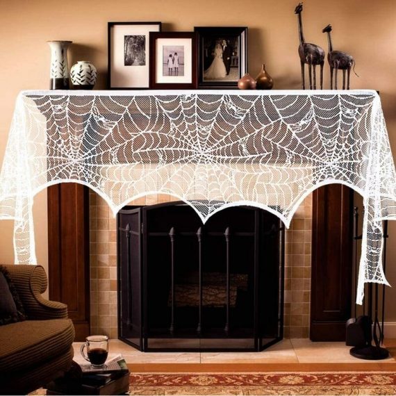 Halloween Fireplace Mantel Scarf, Halloween Decorations White Lace Spiderweb Fireplace Cover Festive Party Supplies,18 x 98 inch US1-4526