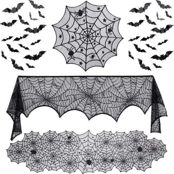 35 Pieces Halloween Decorations Set Include Lace Spider Web Table Runner, Round Lace Table Cover, Fireplace Mantel Scarf and 32 Pieces 3D Bats Wall US1-1701 4683387692509