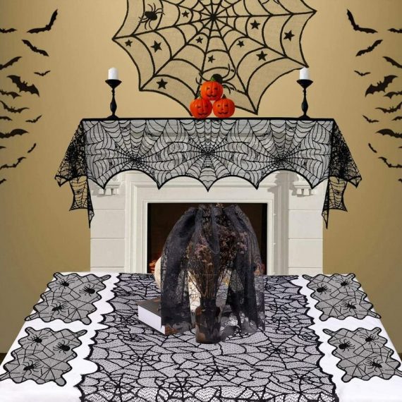 8 Pack Halloween Spider Cobweb Lace Tablecloth Set,Fireplace Mantel Scarf & Lace Table Runner & Round Table Cover & Spider Lampshade & Rectangular FOUR-18475 3711324601794
