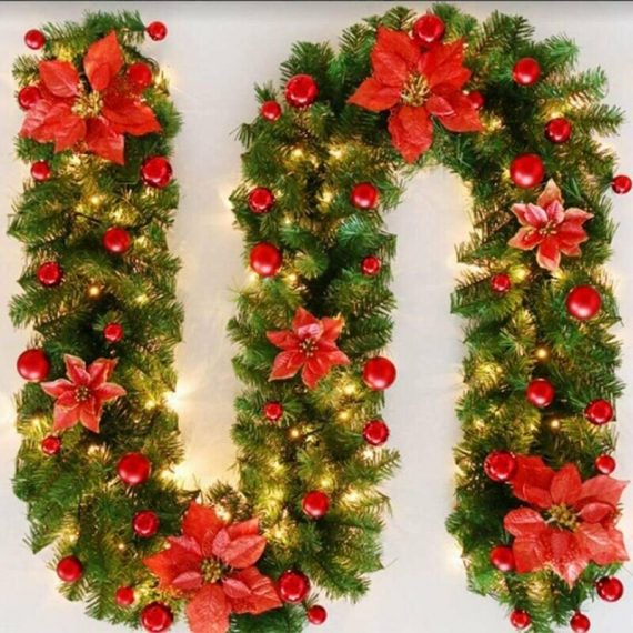 270cm Christmas Tree Garland, Artificial Christmas Tree Garland with LED Lights Decoration, for Christmas Tree Door Staircase Fireplace (Red) BRU-27956 6286609532768