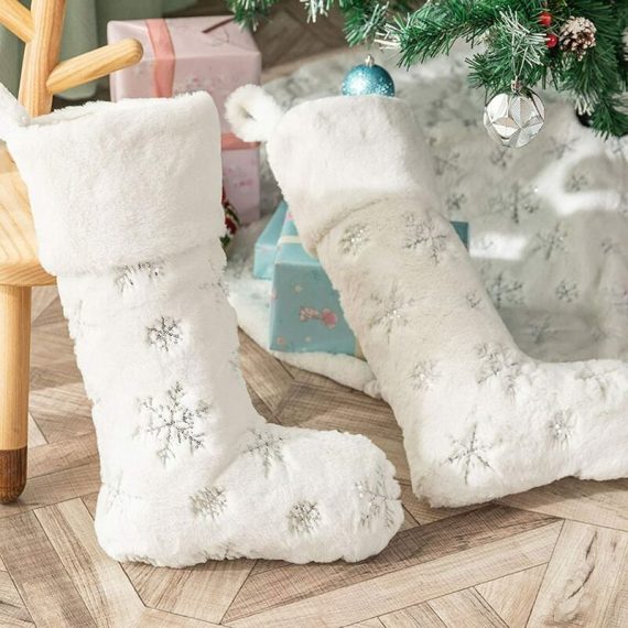 2Pcs Traditional Christmas Stockings White Faux Fur Large 22inch Hanging Xmas Stockings Personalised with Silver Snowflake for Christmas Fireplace LIA00554-ZYR 9116323619537