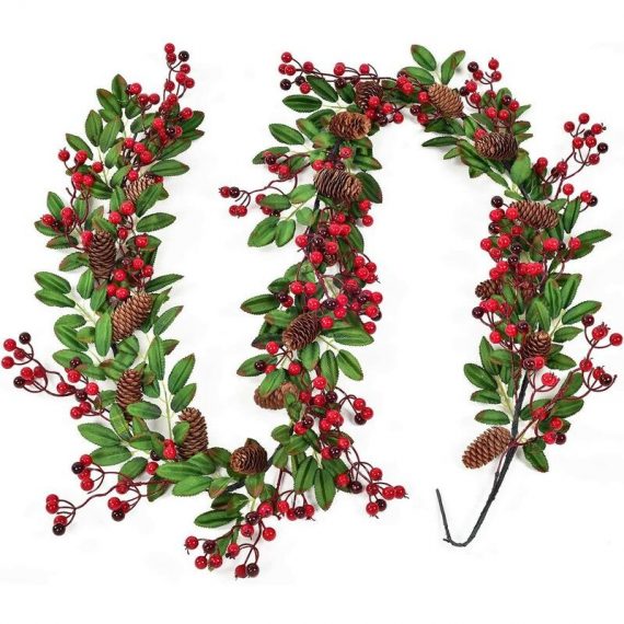 183 cm berry garland holly decoration, Christmas garlands with pine cones Black red berries and green leaves Holly garland for fireplace, stairs, LI005602 9116323637487