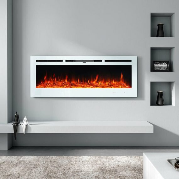 Livingandhome - led Electric Wall Mounted Fireplace Recessed Fire Heater 12 Flames With Remote, White 50inch PM0878 742521051825