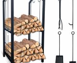Firewood Log Rack with 4pcs Fireplace Tools, Metal Log Store Indoor, Black, 38 x 33 x 75 cm - Vounot 7797690368220 6973424411766