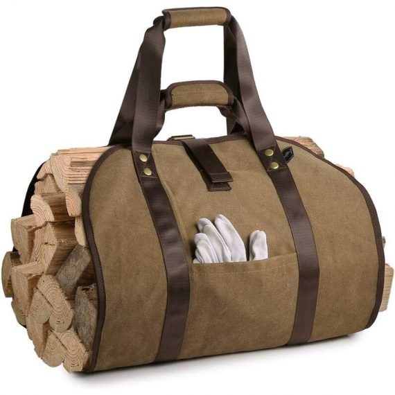 2 Handles Canvas Log Carrier Bag with Pocket for Fireplace Firewood - Brown MY003927A1010Y 9368420651297