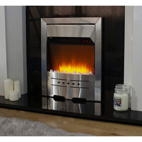 Electric Fire Silver Fireplace Heating with Realistic 3D Flame Effect Lighting & Decorative Pebbles Quiet Fan Freestanding 59cm Heater WF7 5055959769091