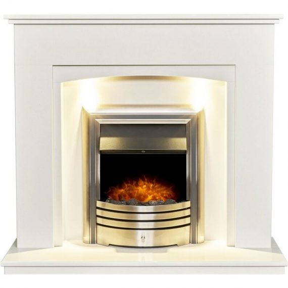 Sarande White Marble Fireplace with Downlights & Astralis 6-in-1 Electric fire in Chrome, 48 Inch - Adam 24016 5056126238440