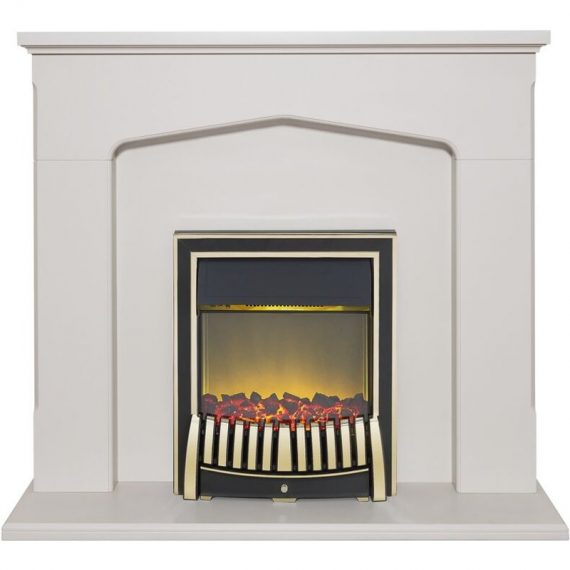 Cotswold Fireplace Suite in Stone Effect with Elan Electric Fire in Brass, 48 Inch - Adam 23084 5060031416121