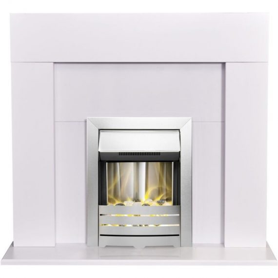 Miami Fireplace in Pure White with Helios Electric Fire in Brushed Steel, 48 Inch - Adam 23308 5056126235203