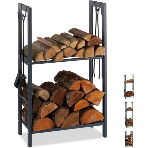 2-Tier Firewood Rack, Steel Wood Pile Shelf, 4 Hooks For Fireplace Tools, 100x60x30 cm, Anthracite - Relaxdays 10026017_944_GB 4052025933654