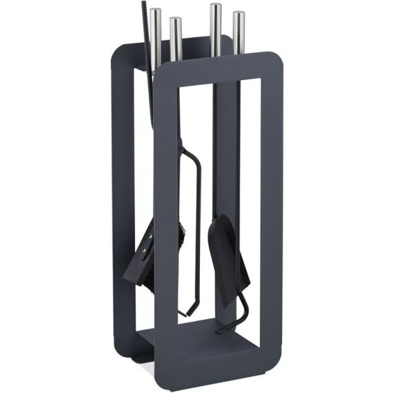 5-Piece Fireplace Companion Set Steel Utility Accessories, Modern, Stand, Tongs, Shovel, Poker, Grey/SIlver - Relaxdays 10043678_0_GB 4052025436780