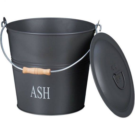 Ash Bucket with Lid, 12l, Charcoal Bin with Handle, Round, Fireplace/Stove/Barbecue, hwd: 30x34x35 cm, Grey - Relaxdays 10033834_0_GB 4052025338343