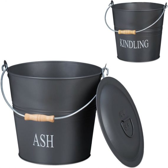 Ash and Wood Storage Buckets with Lid, 12l each, with Handle, Round, Fireplace/Stove/Grill, 30x33x35 cm, Grey - Relaxdays 10033835_0_GB 4052025338350