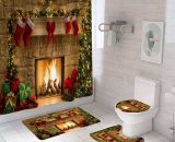Christmas Fireplace Shower Curtain Set of 4, Shower Curtain Sets with Rug, Toilet Lid Cover and Bath Mat for Bathroom Decor, Christmas Bathroom Decor Sun-53750LMH 9070602649489