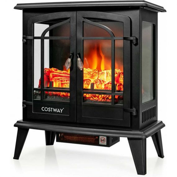 COSTWAY 2000w Electric Fireplace Stove Heater,38D x 64W x 72H cm, 3-Side View Freestanding Electric Wood Burner w/Fire Flame Effect, Double Door FP10059GB-BK 615200219369