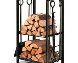 Fireplace Log Rack Set 4-Piece Fireplace Tools Wrought Iron Storage Logs Holder HW61475CP
