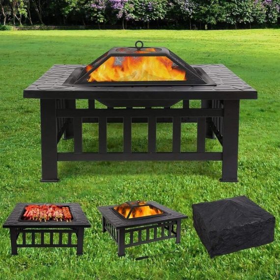 Bamny Fire Pit, Outdoor 3 in 1 Fire Pit Table,Garden Brazier,Barbecue / Heating Fireplace, BBQ Terrace with Grill, Waterproof Cover, Spark Protection 1008427 768558597877
