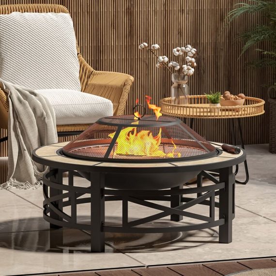 Livingandhome - 84CM Multi-functional Outdoor Grill Fire Pit Table with Poker & Rain Cover CX0281 747492488304