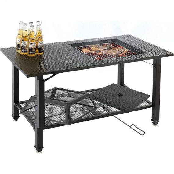 4-in-1 Fire Pit Table, Multifunctional BBQ Table ,Garden Patio Heater/BBQ/Ice Pit/Table with BBQ Grill Shelf,Poker, Mesh Screen Lid for Camping 1021916 665878250935