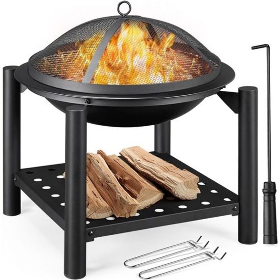 Wood Burning Fire Pit for Outdoor bbq Grill Firepit Bowl w/ Cooking Grate & Spark Screen & Poker For Bonfire Camping Picnic Patio Backyard Garden 591990 Black 646254132038