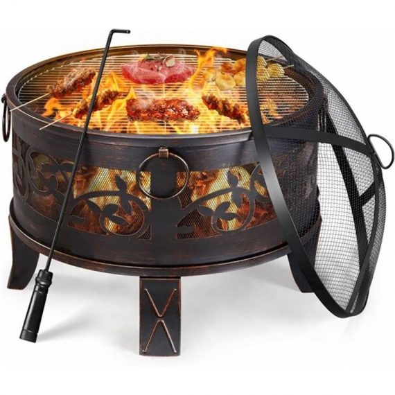 Yaheetech Outdoor Portable Iron Fire Pit Deep Fire Bowl with Cooking Grill Mesh Lid Poker for Heating BBQ in Garden Yard Patio Bronze - bronze 591975 Bronze 646254067972