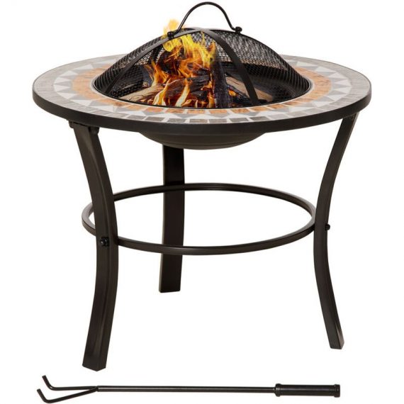 Outsunny - 60cm Round Firepit with Mosaic Outer, Mesh Screen Lid and Poker - Yellow, Grey, White 5056602901066 5056602901066