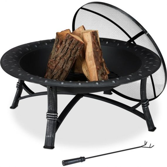 Fire Pit with Protective Lid and Poker, HxØ 52 x 90 cm, Log Burner for Outside, Steel, Open Design, Black - Relaxdays 10043064_0_GB 4052025430641