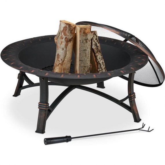 Fire Pit with Protective Lid and Poker, HxØ 52 x 90 cm, Log Burner for Garden and Terrace, Steel, Black/Bronze - Relaxdays 10043065_0_GB 4052025430658