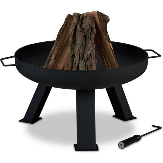 Fire Bowl with Diameter 60 cm, Including Poker, Firepit for Garden & Terrace, Round, Steel Flame Basket, Black - Relaxdays 10032691_0_GB 4052025326913