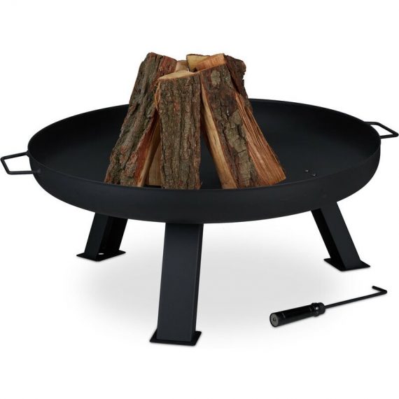 Fire Bowl with Diameter 80 cm, Including Poker, Firepit for Garden & Terrace, Round, Steel Flame Basket, Black - Relaxdays 10032692_0_GB 4052025326920