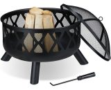 Fire Bowl with Spark Protection, ø 62 cm, with Poker, for Garden and Terrace, Outdoor Firepit, Steel, Black - Relaxdays 10032690_0_GB 4052025326906