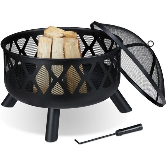 Fire Bowl with Spark Protection, ø 62 cm, with Poker, for Garden and Terrace, Outdoor Firepit, Steel, Black - Relaxdays 10032690_0_GB 4052025326906