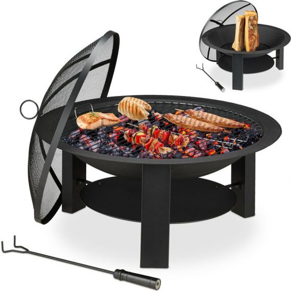 Fire Bowl Cast Iron, ø: 74 cm, Grill Grate, Spark Protection, Heat Shield, Poker, Flame Pit for Garden, Black - Relaxdays 10033793_0_GB 4052025337933