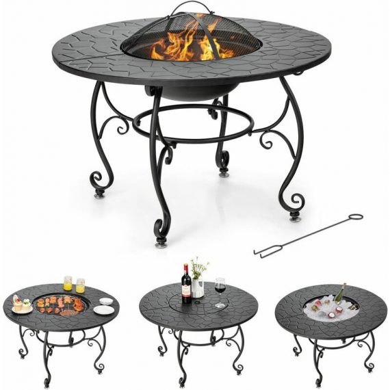 4 in 1 Outdoor Fire Pit Dining Table Round Wood Burning Fire Bowl w/ Mesh Cover OP70941 615200218942