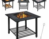 4 in 1 Outdoor Fire Pit Dining Table Square Wood Burning Fire Bowl w/ Mesh Cover OP70937 615200218959