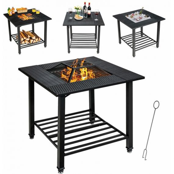 4 in 1 Outdoor Fire Pit Dining Table Square Wood Burning Fire Bowl w/ Mesh Cover OP70937 615200218959