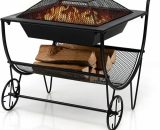 Outdoor Wood Burning Fire pit Steel Patio Stove w/ Log Storage Rack & Wheels HV10303