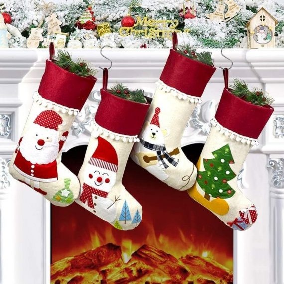 4 Large Hanging Christmas Socks, Cartoon Christmas Tree Decoration Gift Bag, Christmas Decoration Fireplace Display Candy Bag RBD016112lc 9784267164484