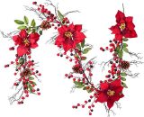 180cm Christmas Poinsettia Wreath, Artificial Red Berries Christmas Poinsettia Wreath with Pinecone Holly Leaves for Fireplace Staircase Dinner Table YBD027963ZHJ 9126316758150