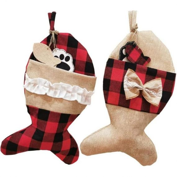 2Pcs Christmas Stockings for Burlap Plaid Holiday Hanging Socks Fireplace Tree Christmas Decoration(Fish) PERGB011050 9784267150913