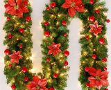 Christmas Garland, 2.7M Fireplaces Stairs Decorated Garlands LED Lights Ornament Christmas Wreath for Home Decoration (Red) MMUK01142-JYX 9116323535769